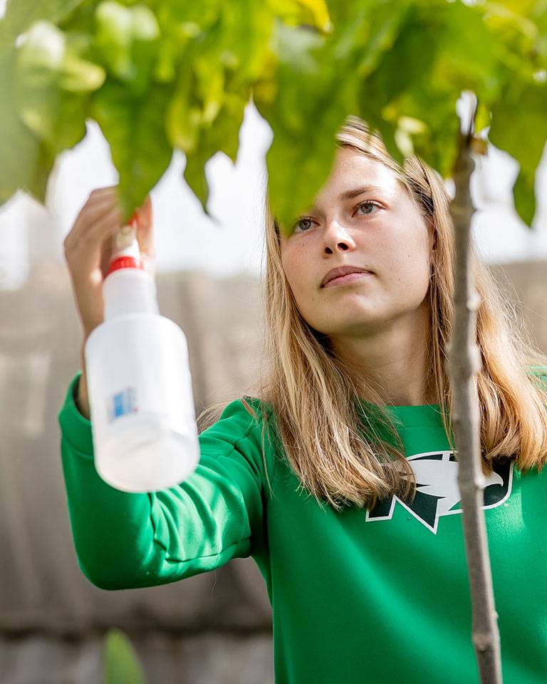 student watering a plant