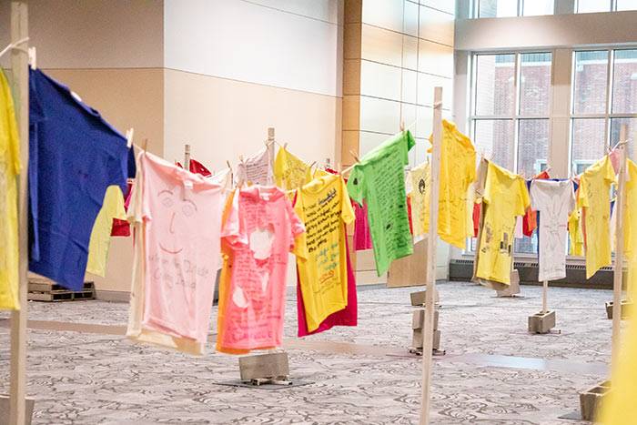 decorated t-shirts on display at UND's Clothesline Project event