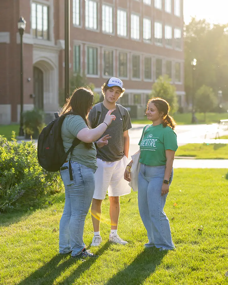 Three students chat while standing on the grass.