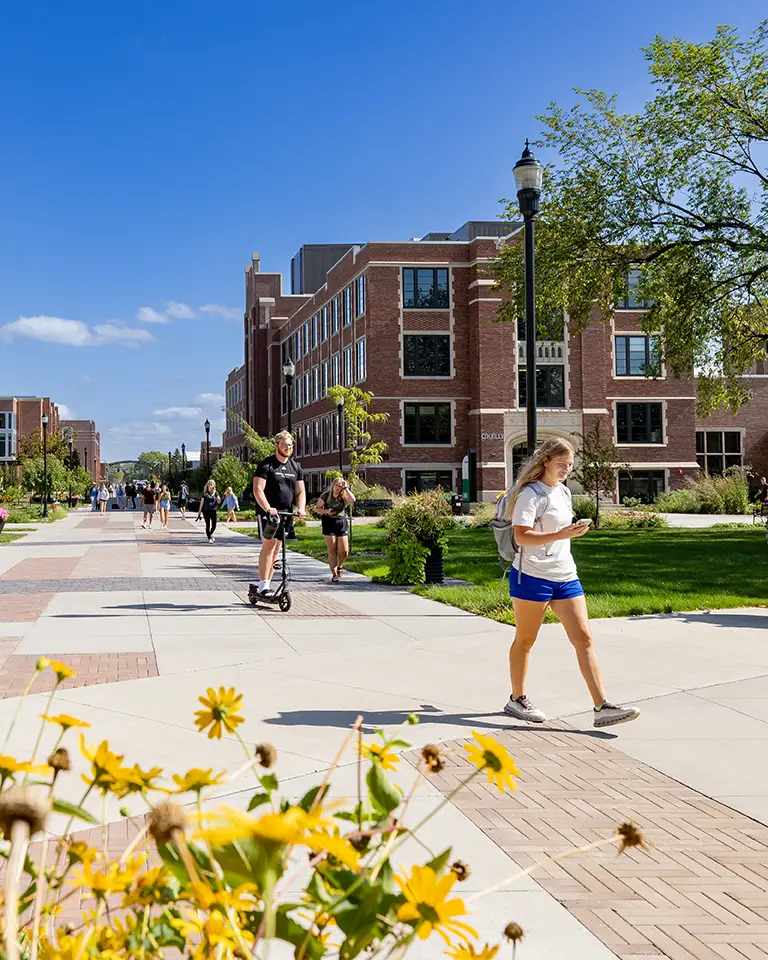 Students walk down a path surrounded by grass and flowers.