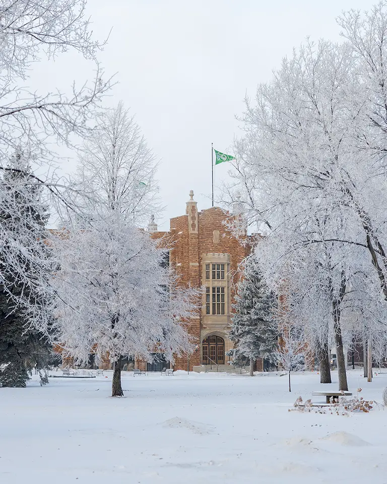 Merrifield Hall stands out behind frosted trees on the quad.