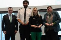 2024 MLK Social Justice Award Recipients, Dr. Douglas Munski, Janelle Kilgore, and Jaedon Hinds with UND President Andrew Armacost.