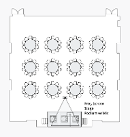 A ballroom filled with banquet tables.