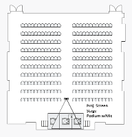 A ballroom filled with rows of chairs.