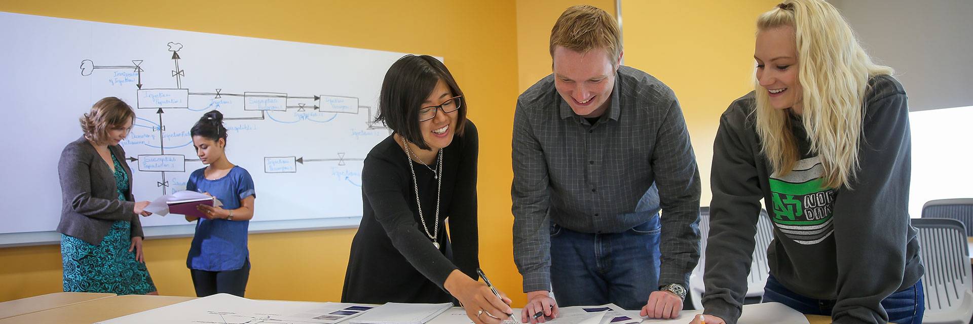 Group of five people working on a project together