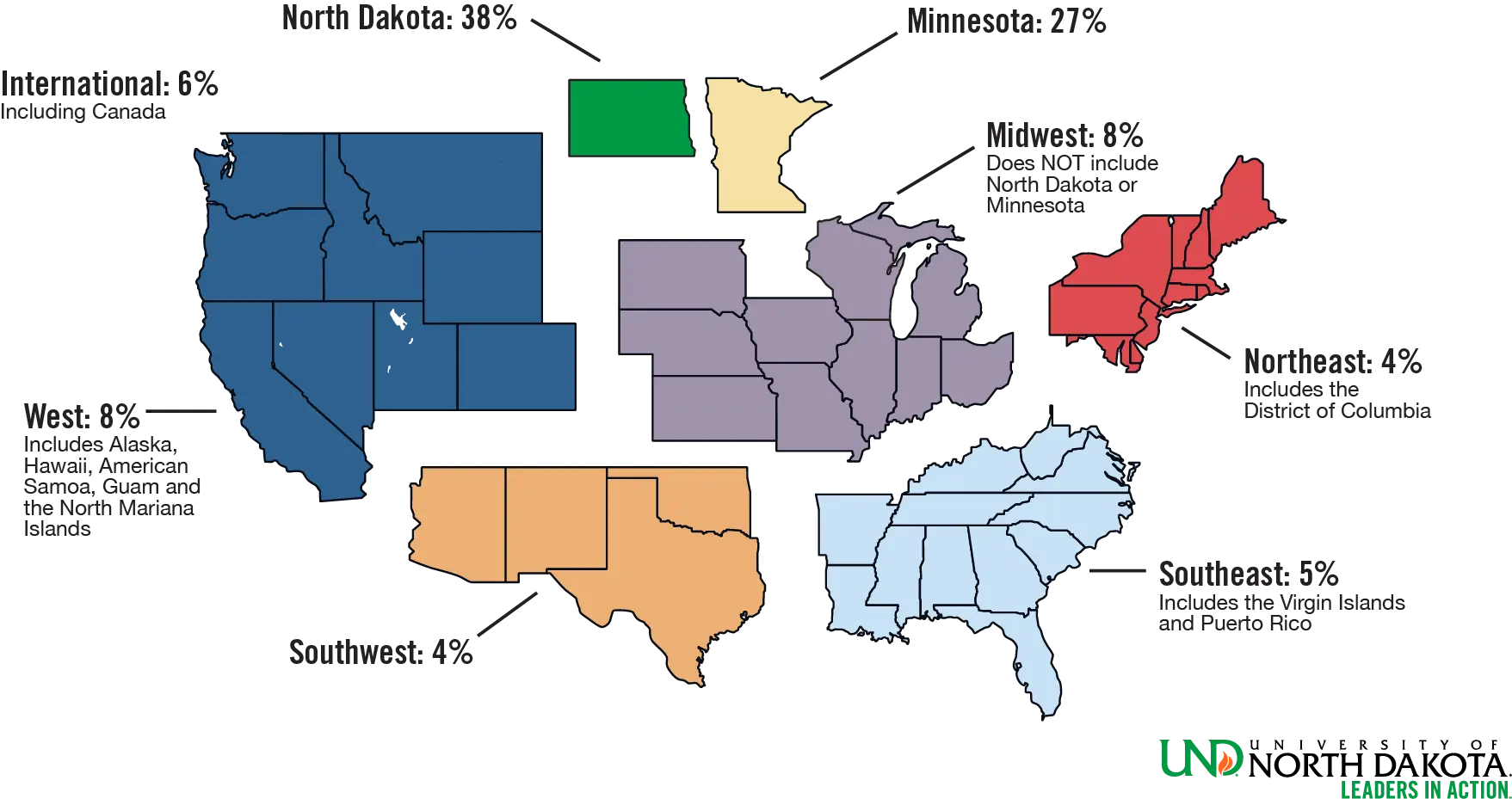 US map of where UND students come from