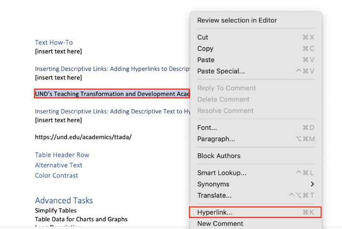 adding hyperlinks to descriptive text in Word