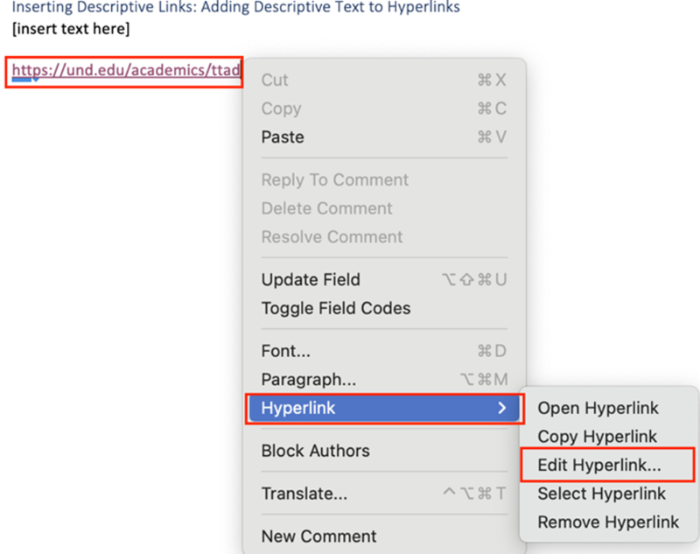 edit hyperlink for descriptive text in Word