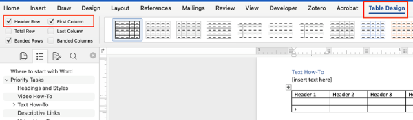 Header row and first column in Word