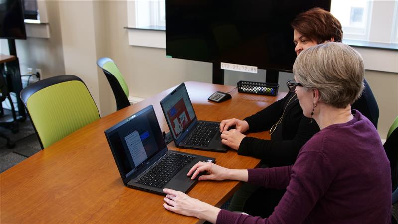 Accessibility Lab Photograph of two staff members working together on computers in the Accessibility Lab while reviewing digital content for accessibility.