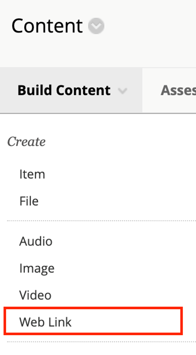 build content button in Blackboard - select web link option