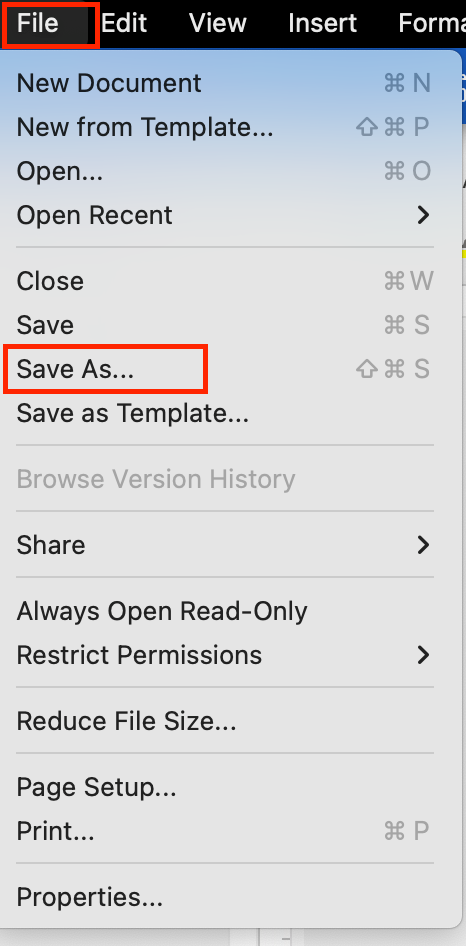 enable tags when saving as PDF for Word on a Mac - File - Save As