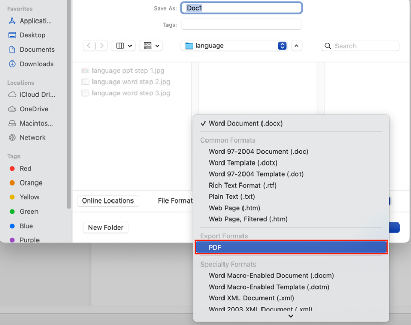 Enable tags when saving as PDF for Word on a Mac - File Format - select PDF