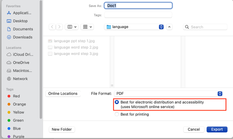Enable tags when saving as PDF for Word on a Mac- select best for electronics distribution and accessibility - export