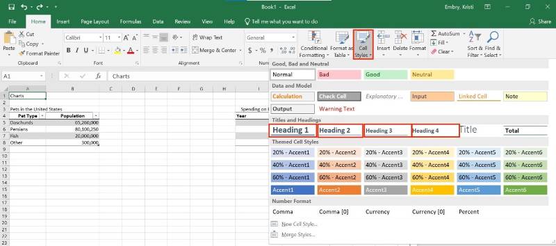 Excel home tab and select cell styles to select the appropriate heading