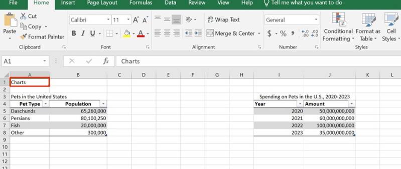 create headings in Excel by adding the name within the cell