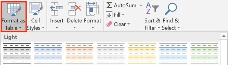 select the Format as Table option on the menu