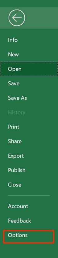 Excel menu showing Options