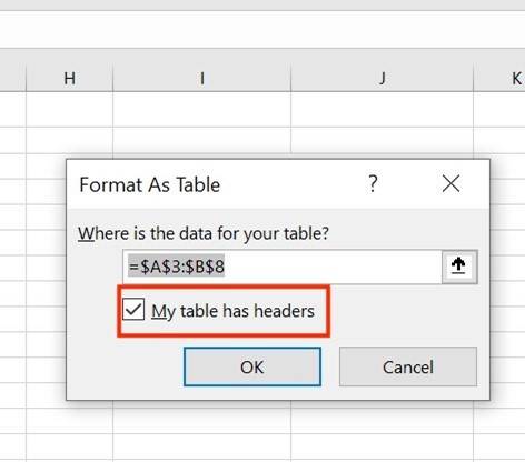 select the My table has headers option in the dialogue box
