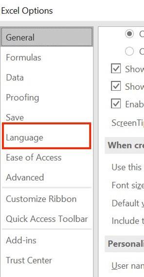 Language option within Excel options menu
