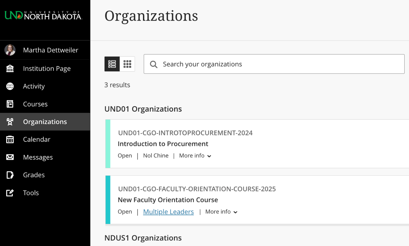Screenshot of the Organizations page in Blackboard Ultra