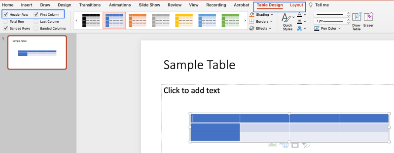 table header row on ppt slide