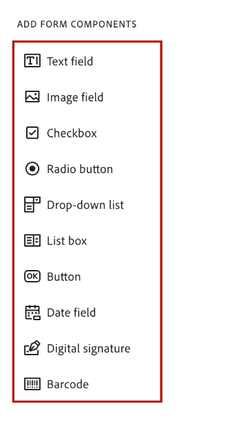 Screenshot of the form components in Adobe Acrobat. 