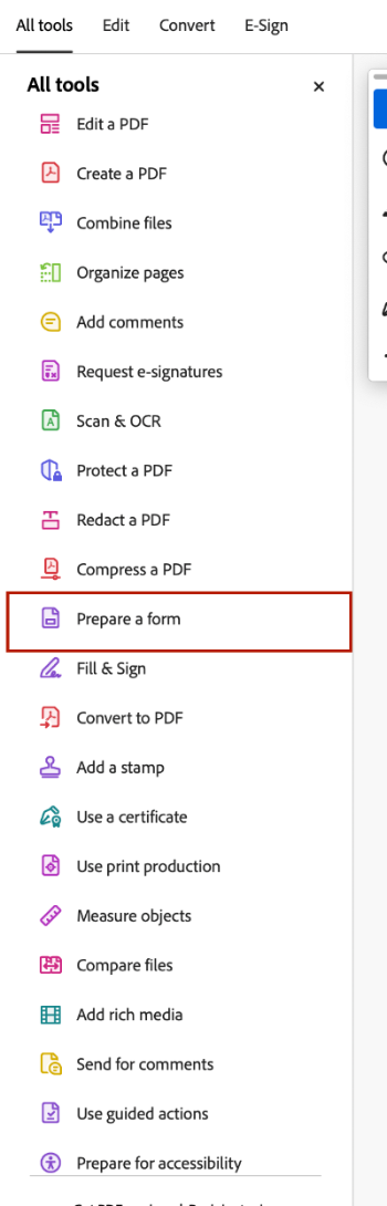 Screenshot of the Prepare a Form option.