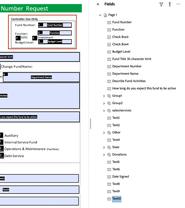 Screenshot of the form field pane where you can re-order tabs. 