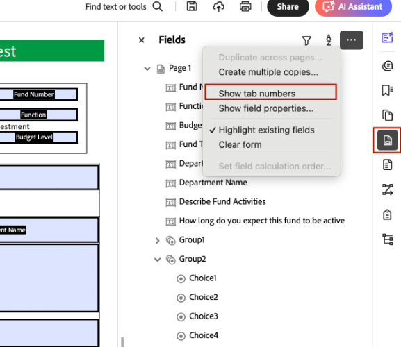 Screenshot of how to enable display of form field tags. 