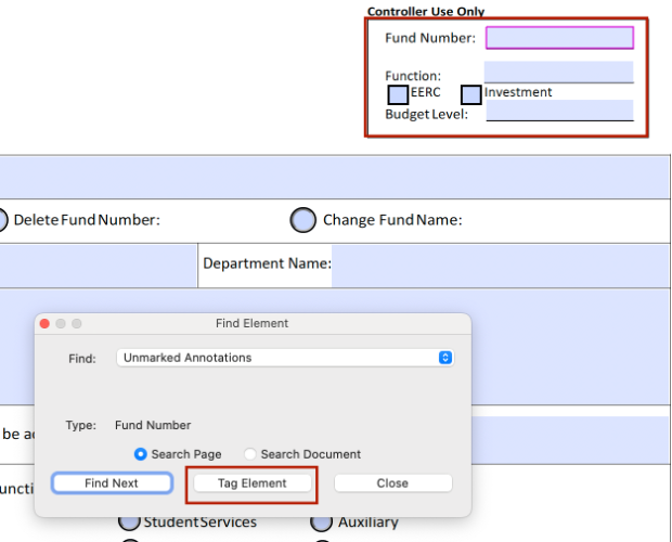 Screenshot of the Tag Element button for unmarked annotations in Adobe Acrobat. 