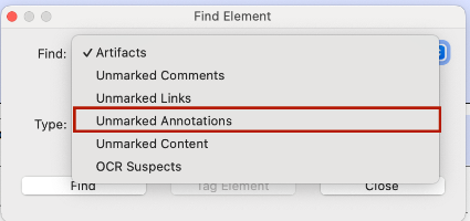 Screenshot of the dialogue box for searching for unmarked annotations in Adobe Acrobat. 