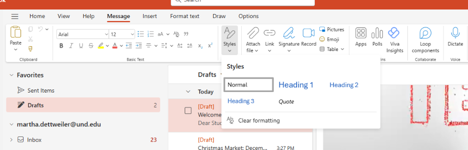 Styles menu in Outlook