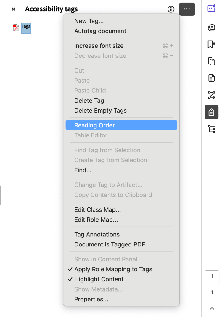 Reading Order Panel in Adobe Acrobat