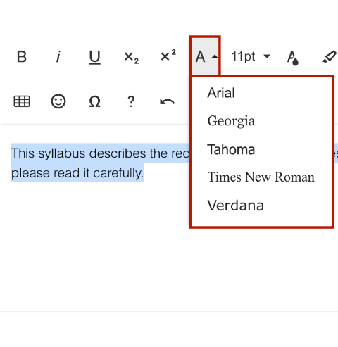 Screenshot of Font Family button in Simple Syllabus