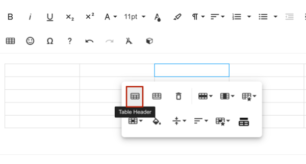 Screenshot of Table Header Row button in Table Settings menu