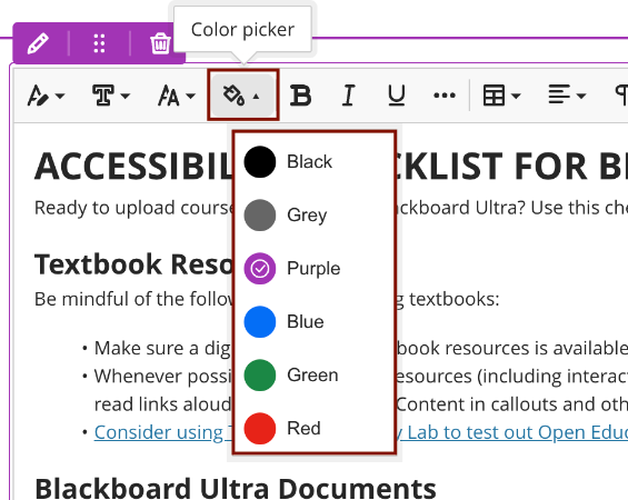 Screenshot of the Color Picker tool in Bb Content Editor.