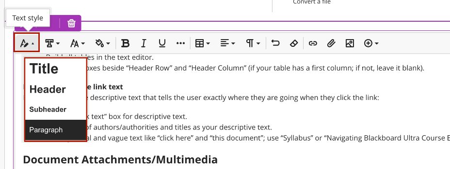 Screenshot of the Text Style Icon and all the associate styles in the Bb Content Editor. 
