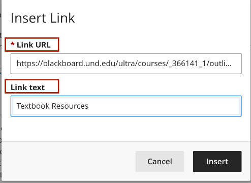 Screenshot of how to edit link text in the Bb Ultra Content Editor. 