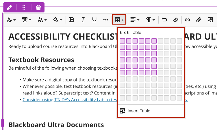 Screenshot of the Insert Table option in Bb Content Editor.
