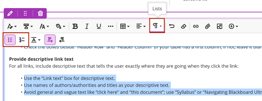 Screenshot of the List button in the Bb Ultra Content Editor.