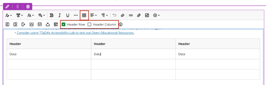 Screenshot of how to add a header row and header column to a table in the Bb Ultra Content Editor. 
