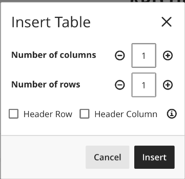 Screenshot of the dialogue box for specifying the dimensions of the table. 