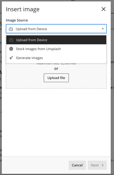 Screenshot of the Upload Image option in the Bb Ultra Content Editor.
