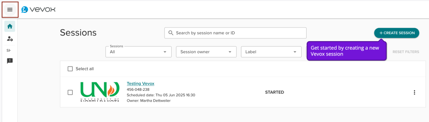Hamburger Menu on the Creator Dashboard in Vevox