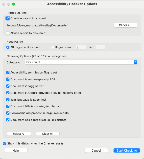 Screenshot of the Accessibility Checker Options dialogue box.