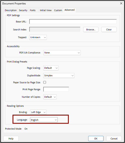 Screenshot of the Document Properties Dialogue Box. The Language section is highlighted.