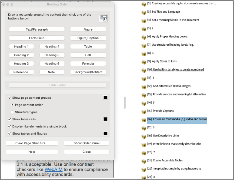 Screenshot of content in the Reading Order pane.