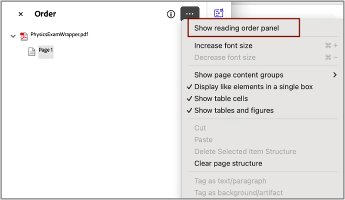 Screenshot of the show Reading Order panel option.