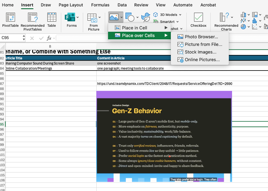 Screenshot of how to embed an image into an Excel file. 